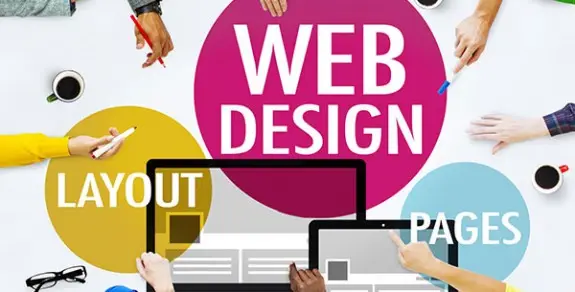 View of table from above with coffee cups and glasses, hands holding pens stretching over the table with colourful graphics overlaid with the words 'layout', 'web design' and 'pages' inside them.